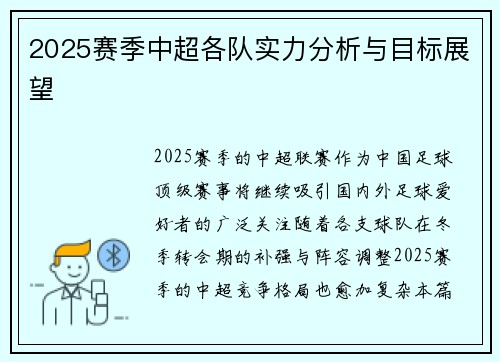 2025赛季中超各队实力分析与目标展望