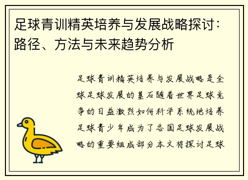 足球青训精英培养与发展战略探讨：路径、方法与未来趋势分析