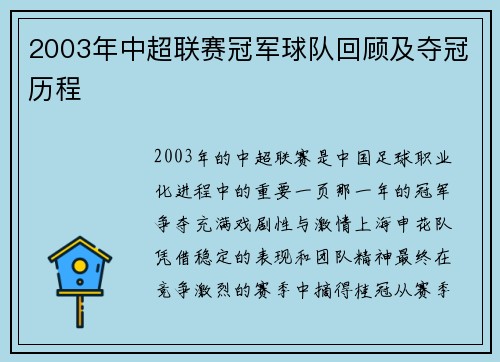 2003年中超联赛冠军球队回顾及夺冠历程