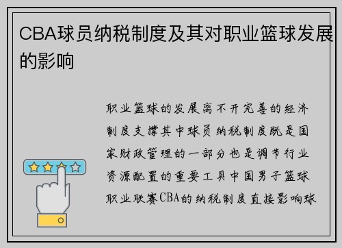 CBA球员纳税制度及其对职业篮球发展的影响